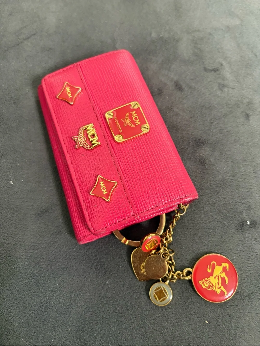 MCM Hot Pink Leather Logo Wallet with Gold Charm Keyring